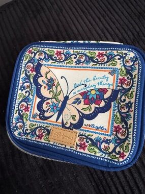 Brighton Butterfly Zip Jewelry/ makeup Travel Pouch in Blue, Cream and Pink